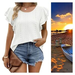 NEW! White Eyelet Textured Ruffle Short Sleeve Blouse